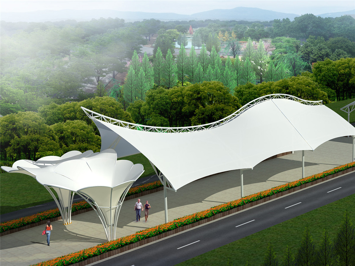 Parasol Sur Mesure | Paysage de Structure de Membrane de Traction En PTFE D"Une Grande Place Commerciale