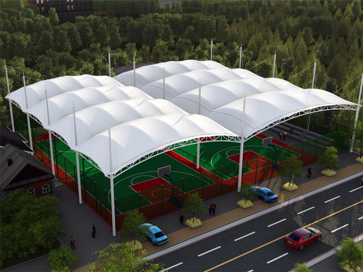โครงสร้างรับแรงดึง PTFE สำหรับสนามบาสเก็ตบอล สนามกีฬา | กันสาดหลังคาคลุมด้วยผ้าเต็นท์