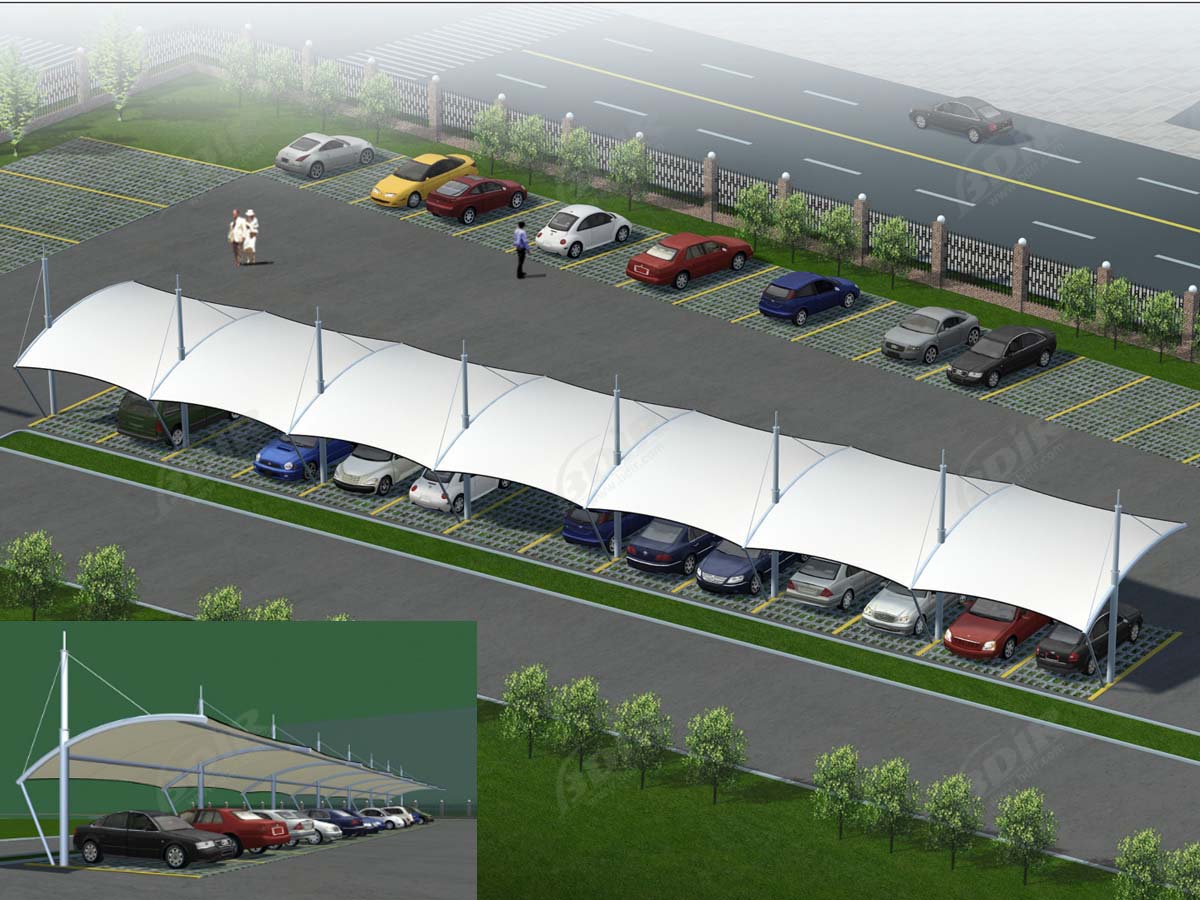 Structures D'Ombrage de Parking en Tissu Cantilever - Une Baie - Design en Tension