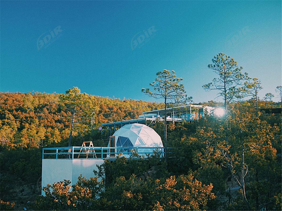 5 White PVC Fabric Geodesic Dome Tent Houses at Yulong Mountain Resort